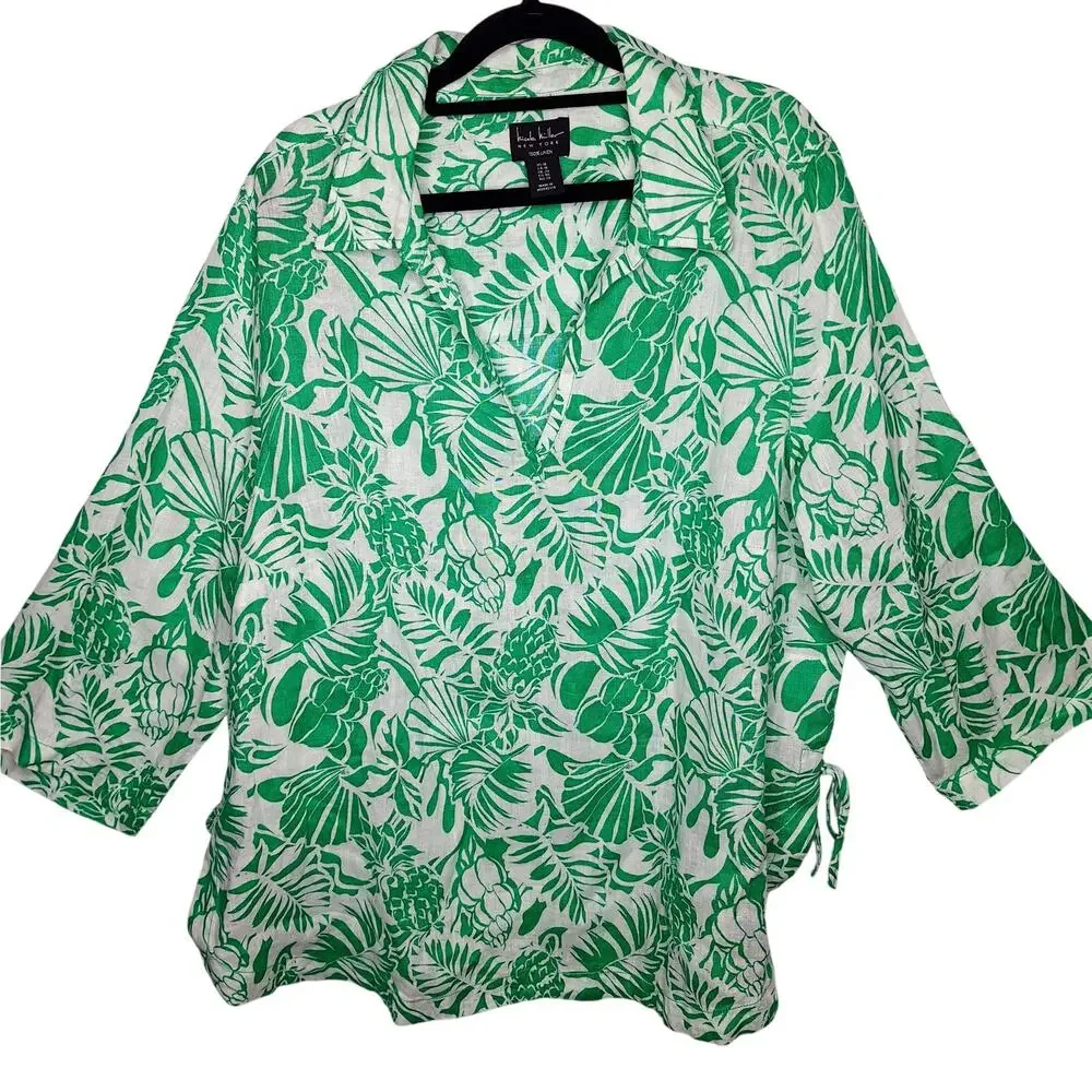 Nicole Miller 100% Linen Tunic Top 1X Pineapple Shells Palm Tropical Beach Green
